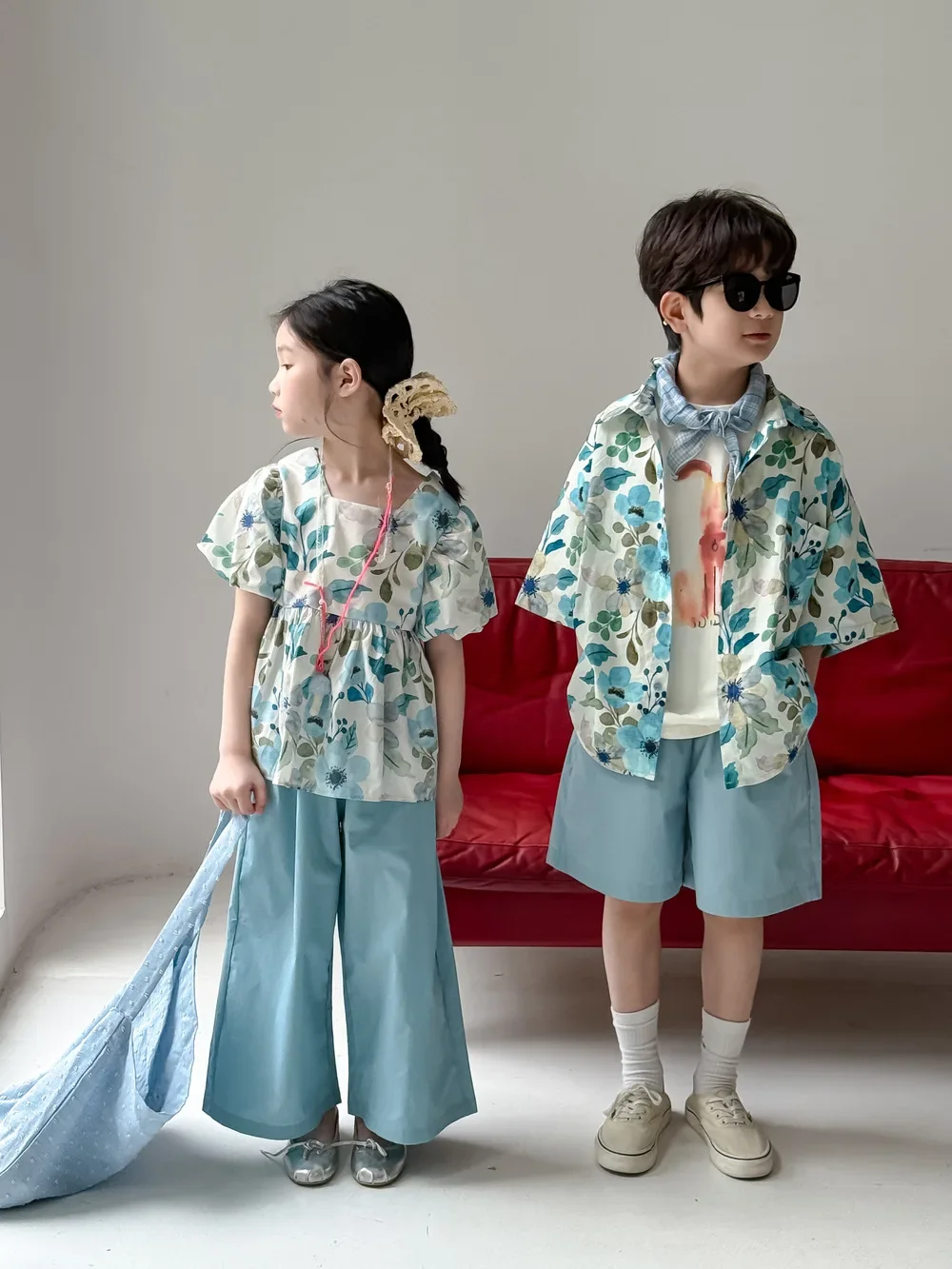 

2pcs Set 2025 Summer Boys Girls Fashion Floral Print Casual Short Sleeve Shirt + Shorts Children Outfit 2-10y Sibling Outfit