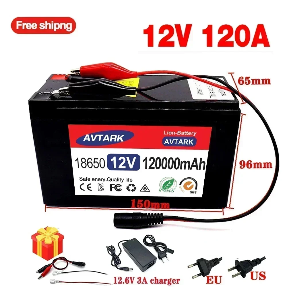 

2023 12V 120Ah 18650 lithium battery for Solar Panels 30A built-in high current BMS electric vehicle battery +12.6V charger