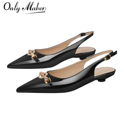 Onlymaker  Women Pointed Toe Slingback Sandals Big Size Patent Leather Ankle Strap Party Dress Shoes