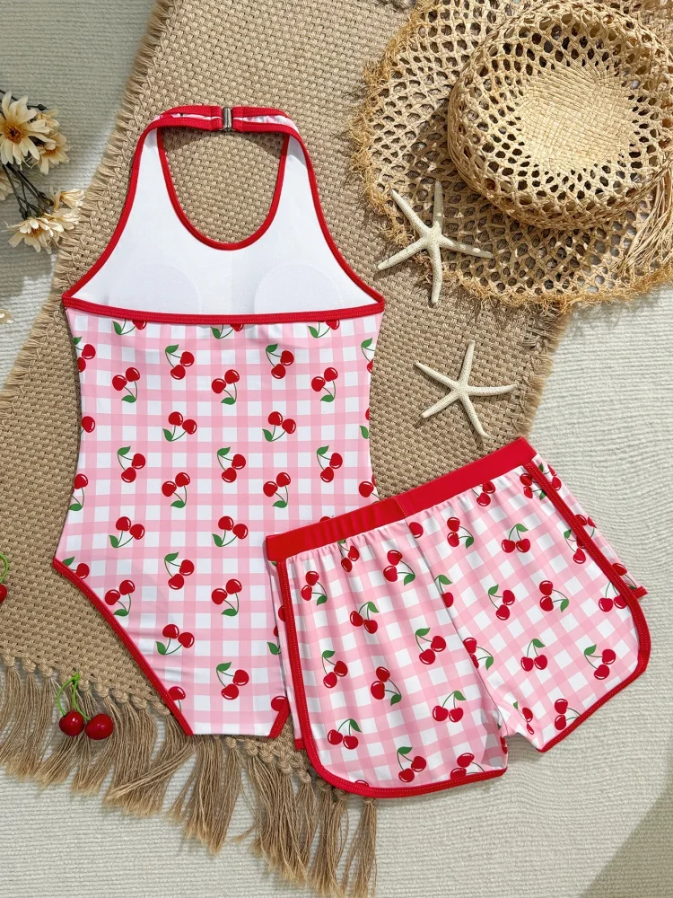 Girls Kids One Piece Swimsuit 2026 New Pink Red Cherry Halter Children Swimwear Summer Shorts Two Piece Beachwear Bathing Suits