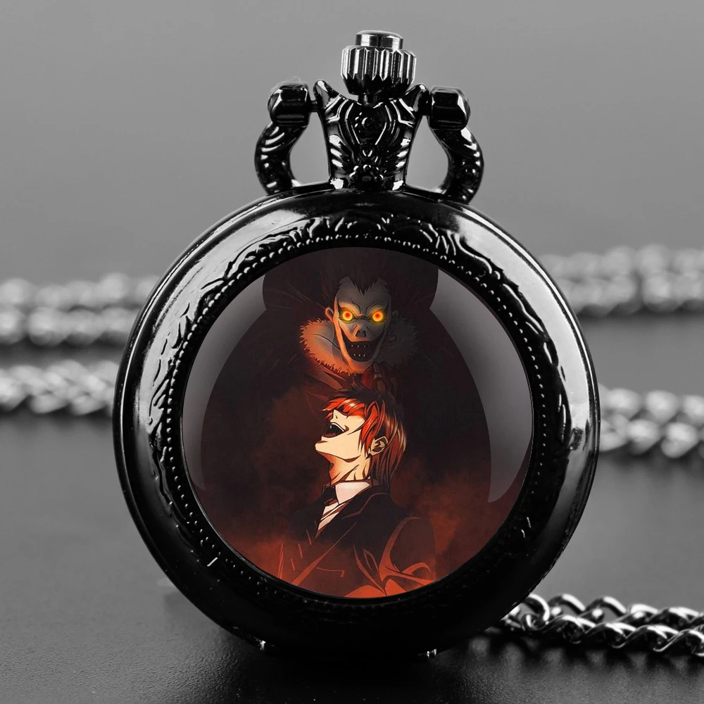 Orologio da tasca al quarzo nero con cupola in vetro Death Note con quadrante con numeri arabi e catena resistente, regalo per uomini e donne