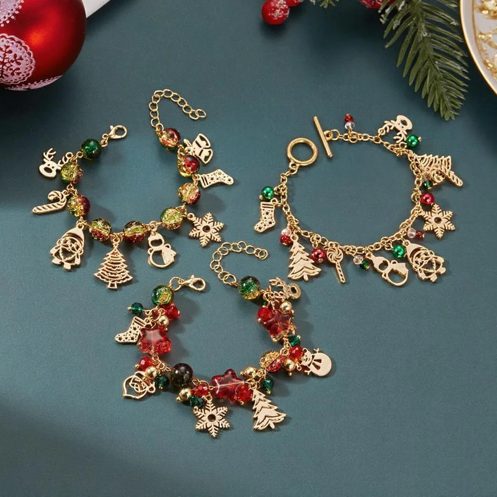 Christmas Multi Elements  Pendant Bracelets for Women Colorful Crystal Beads Elk Snowman Snowflake Santa Claus Bracelet Jewelry - Image 5