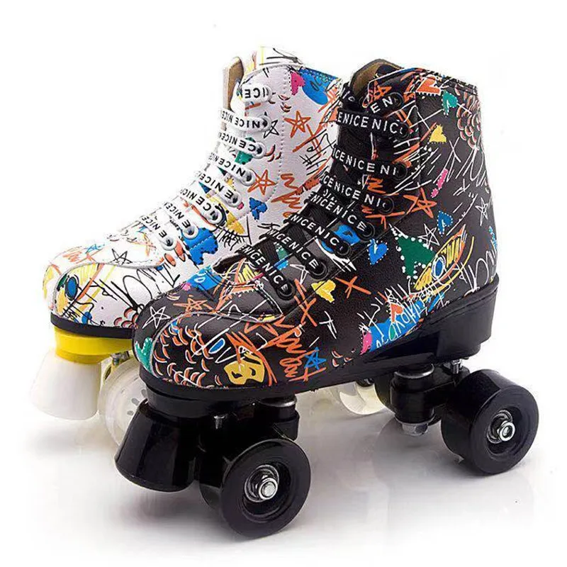 Graffiti Adult Men's and Women's Double Row the Skating Shoes Four-Wheel Flash Roller Skates Roller Skates Skating Rink Double