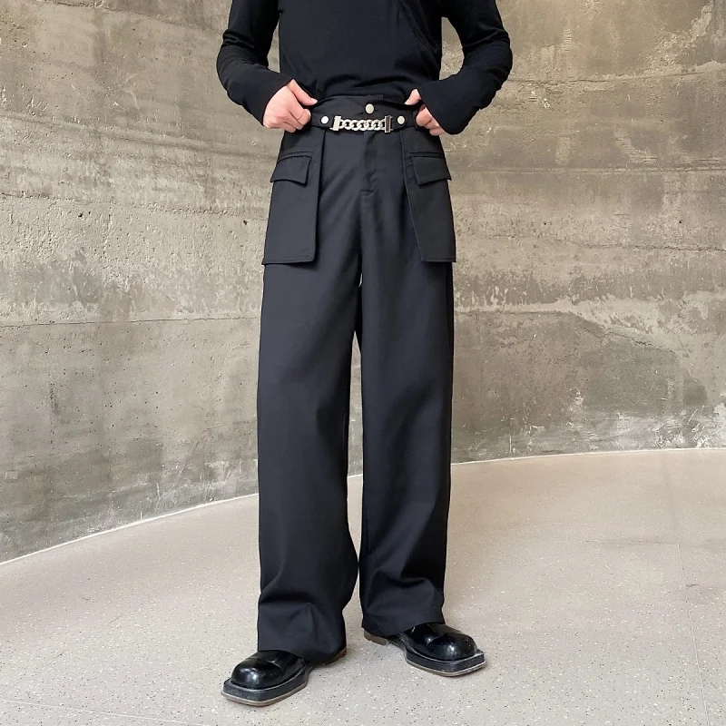 

High Waist Straight Leg Men's Workwear Trousers Autumn Faion Patchwork Belt Decoration Design Cool Casual Pants