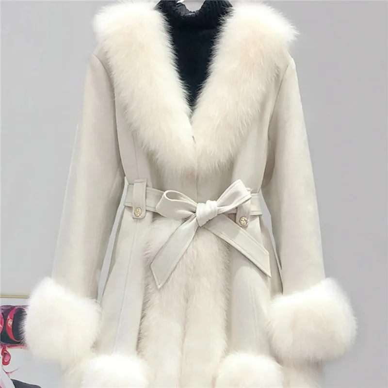 ashion Fur coat Female Large Fur Collar Jacket 2024 New Autumn Winter Mid-Length Thick Warm Overcoat Women Loose Outerwear W078