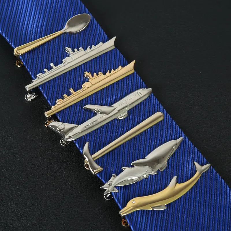 Men Alloy Metal Gold Color Tie Clips Dolphin Airplane Fork Spoon Shape Necktie Clips Wedding Party Jewelry Pin Business Man Gift