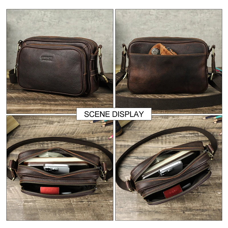 CONTACT\'S Genuine Leather Small Messenger Bag Vintage Male Crossbody Bag Travel Sling Shoulder Bags Designer Handbag Bolso