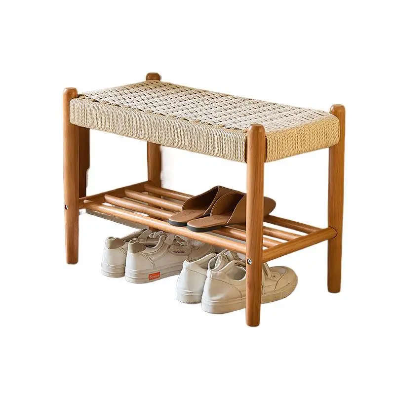 Solid wood shoe changing stool, household entrance door, rope woven shoe stool