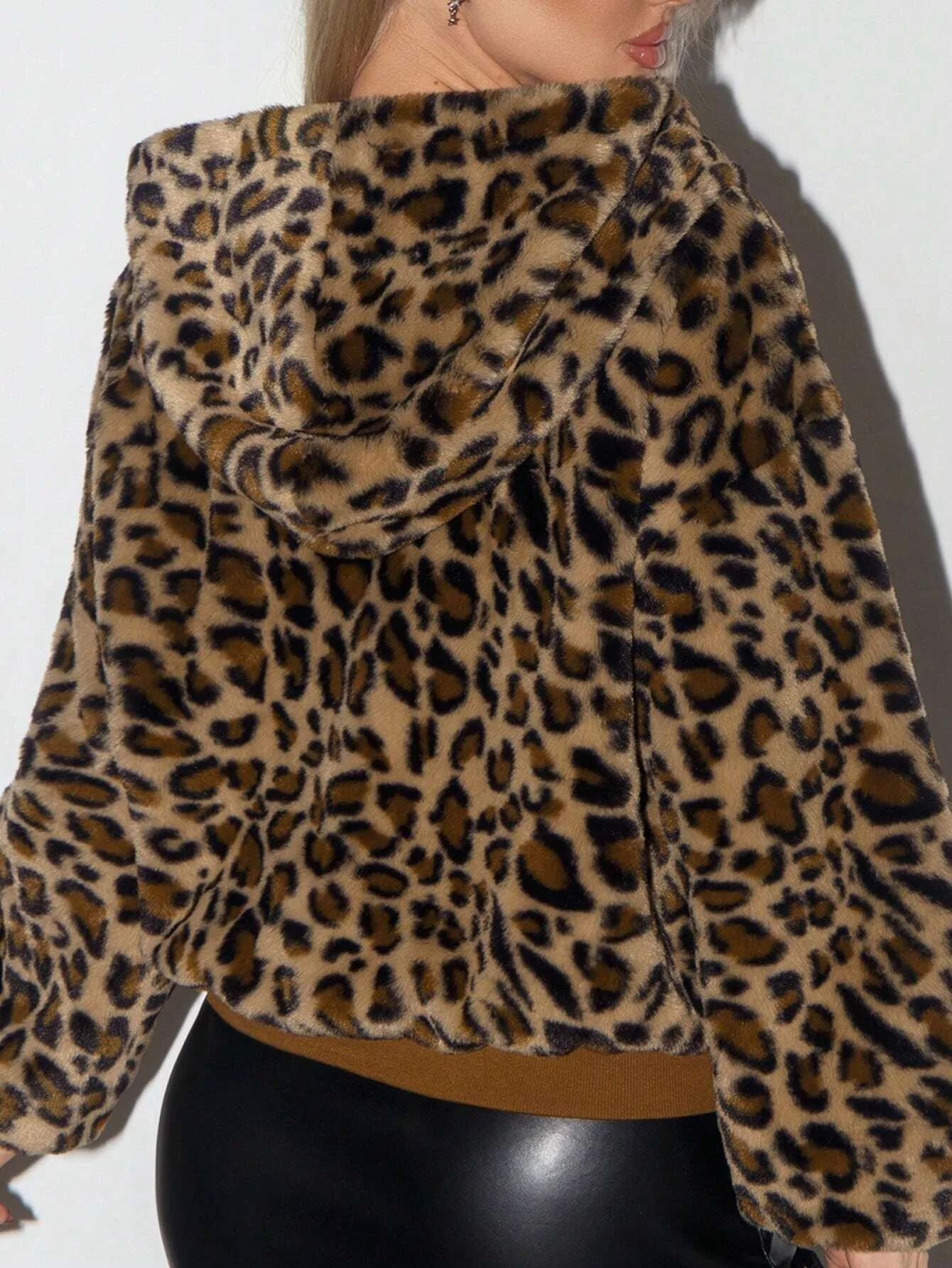 Women's Leopard Print Hooded Fleece Jacket Zip Up Fluffy Plush Warm Winter Coat Trendy Streetwear Chic Fashion