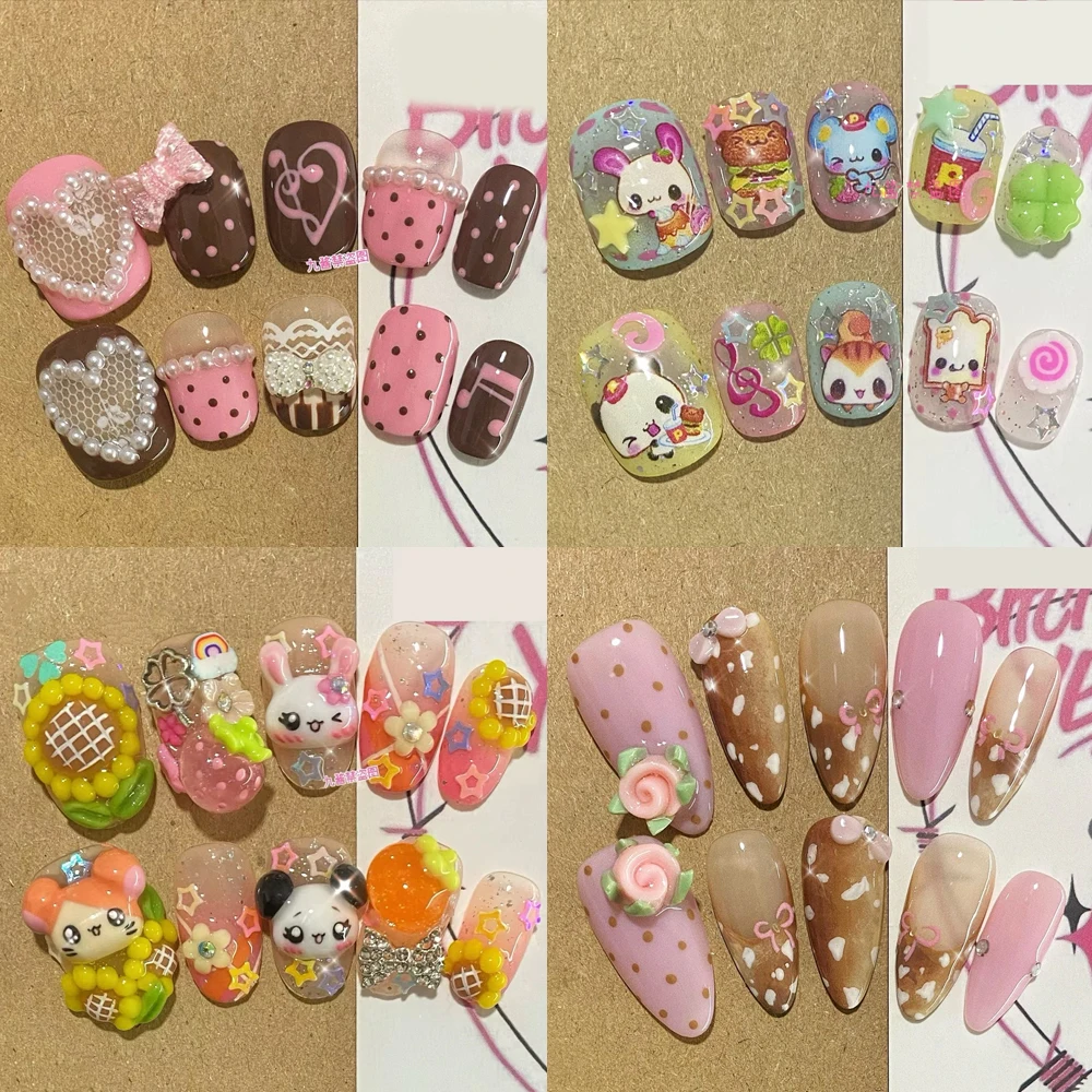 

3D Kawaii Cartoon Panda Long Coffin Short Square Ellipse Press On Nails Note Flowers Bow Rhinestone False Nails Gifts