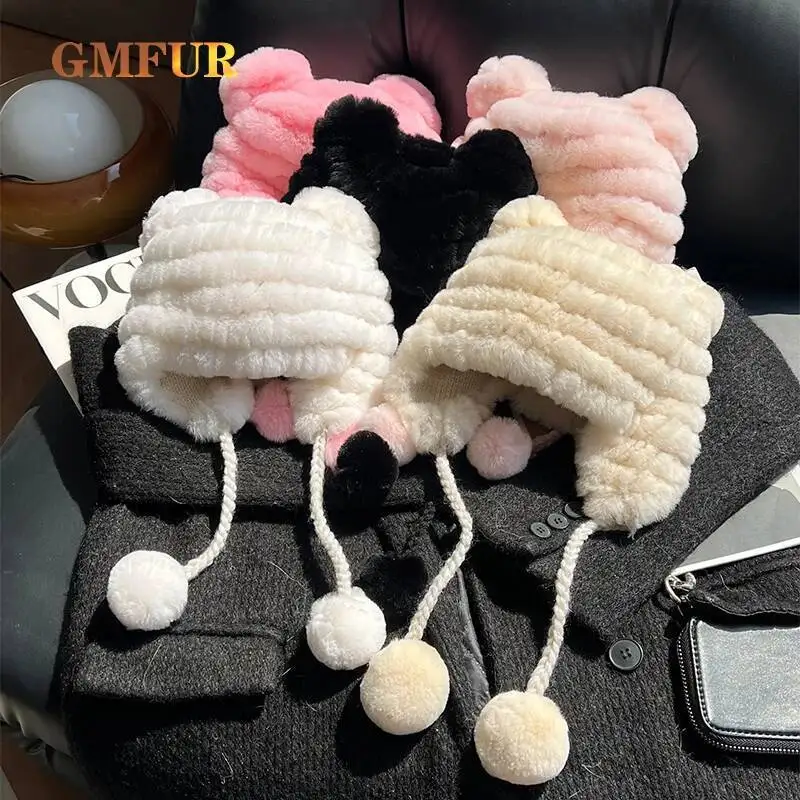 

Cute Rex Rabbit Fur Children's Hat Winter Plush Ear Protection Cute Warm Fur Hat 3-9 Year Female Baby Windproof Bonnet Enfant