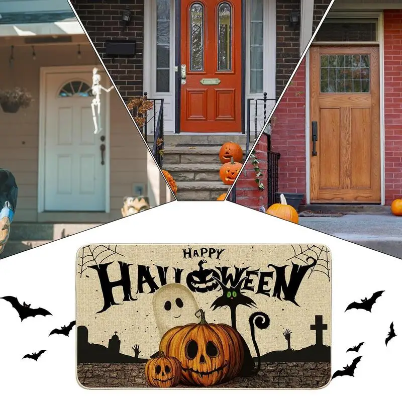 Halloween Front Door Mat Indoor Entrance Rug Seasonal Halloween Holiday Absorbent Mat 16x24 Inch Pumpkin Decorative Rug For