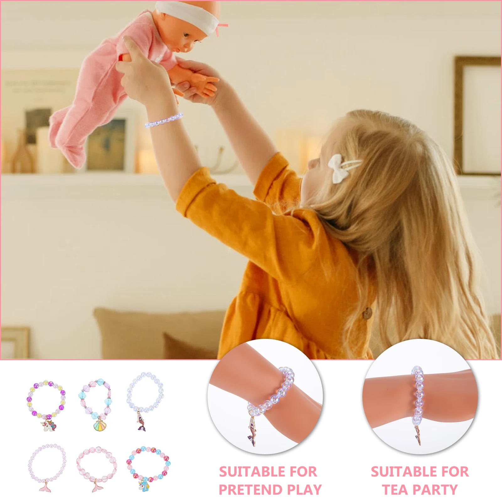 6 Braccialetti con perline unicorno Gioielli arcobaleno Ragazze Bambino Bambino Principessa Animale Regalo di compleanno Fai finta di giocare Giocattolo per tea party