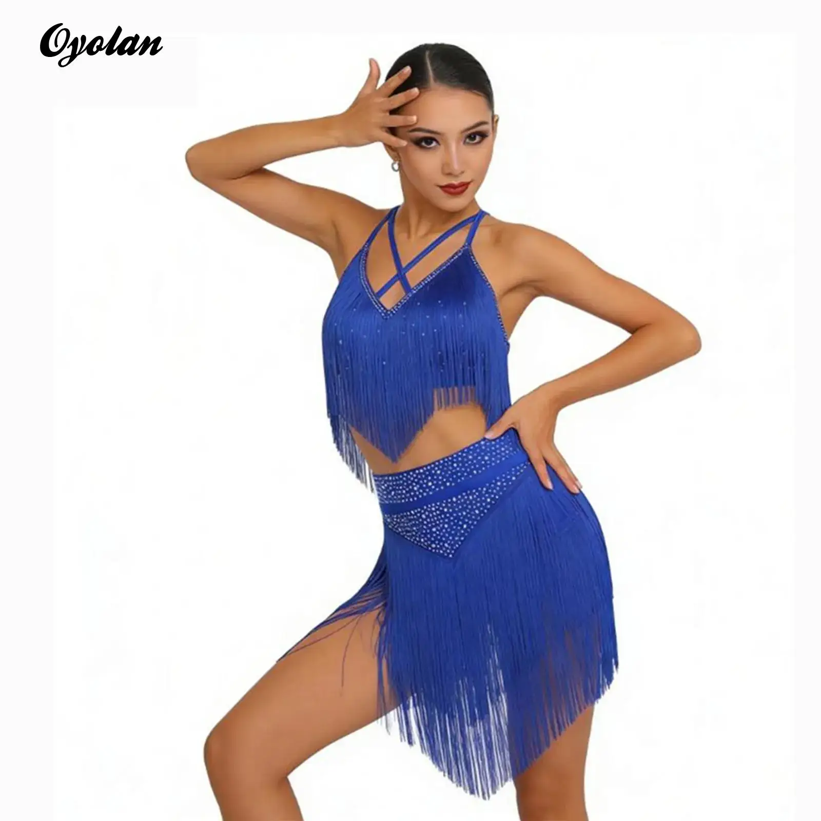 

Women Salsa Latin Salsa Dance Dress Outfits Fringe Crop Top with Tiered Tassels Skirt Chacha Tango Dance Performance Costume