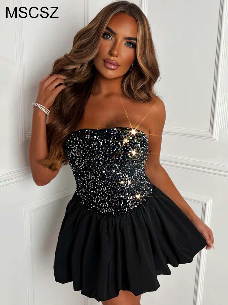 

MSCSZ Black Sequin Mini Dress For Women Strapless Backless Party Dresses Women Sexy Drop Waist Bubble Hem Short Summer Dress