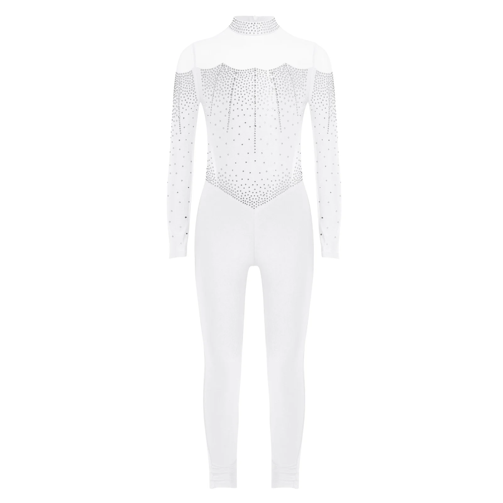 Girl Shiny Rhinestones Gymnastic Leotard Long Sleeve Sheer Mesh Full Body Unitard for Figure Skating Dance Acrobatic Performance