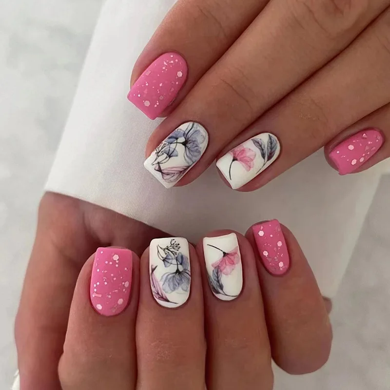 24Pcs Fantasy Style White French False Nails Mid-length Square Fashion Press on Nails Finished Simple Butterfly Lines Fake Nail