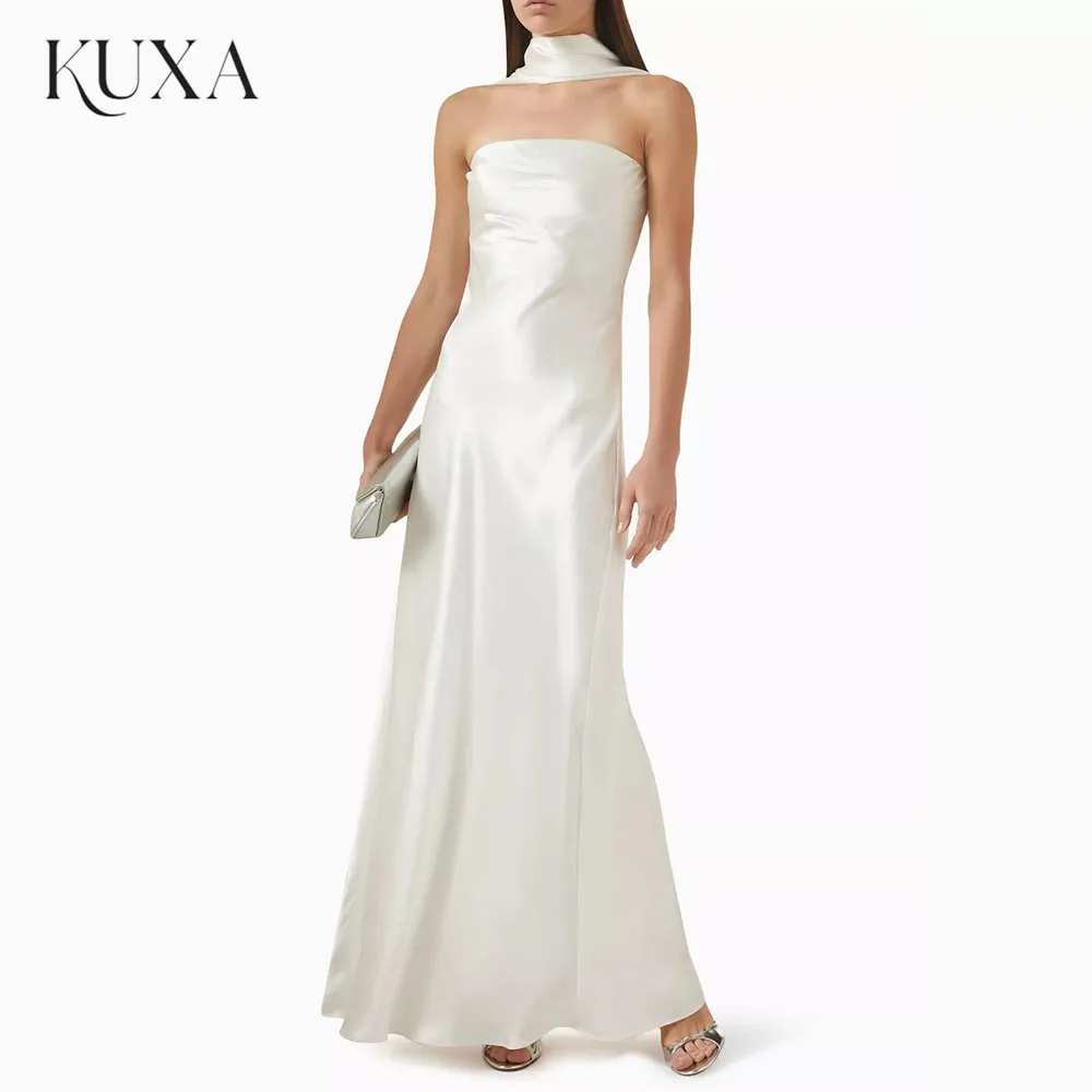 KUXA Strapless Satin Wedding Dress Scarf High Neck Back Slit Maxi Bridal Gown Customized Simple Elegant Reception Bride Dress