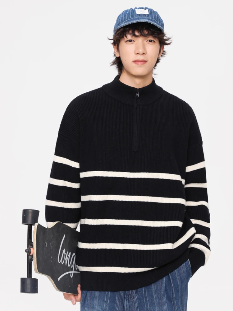 

Модный мужской вязаный свитер большого размера на молнии с воротником в полоску, осенне-зимняя новинка, повседневный универсальный свободный крой, воротник-стойка