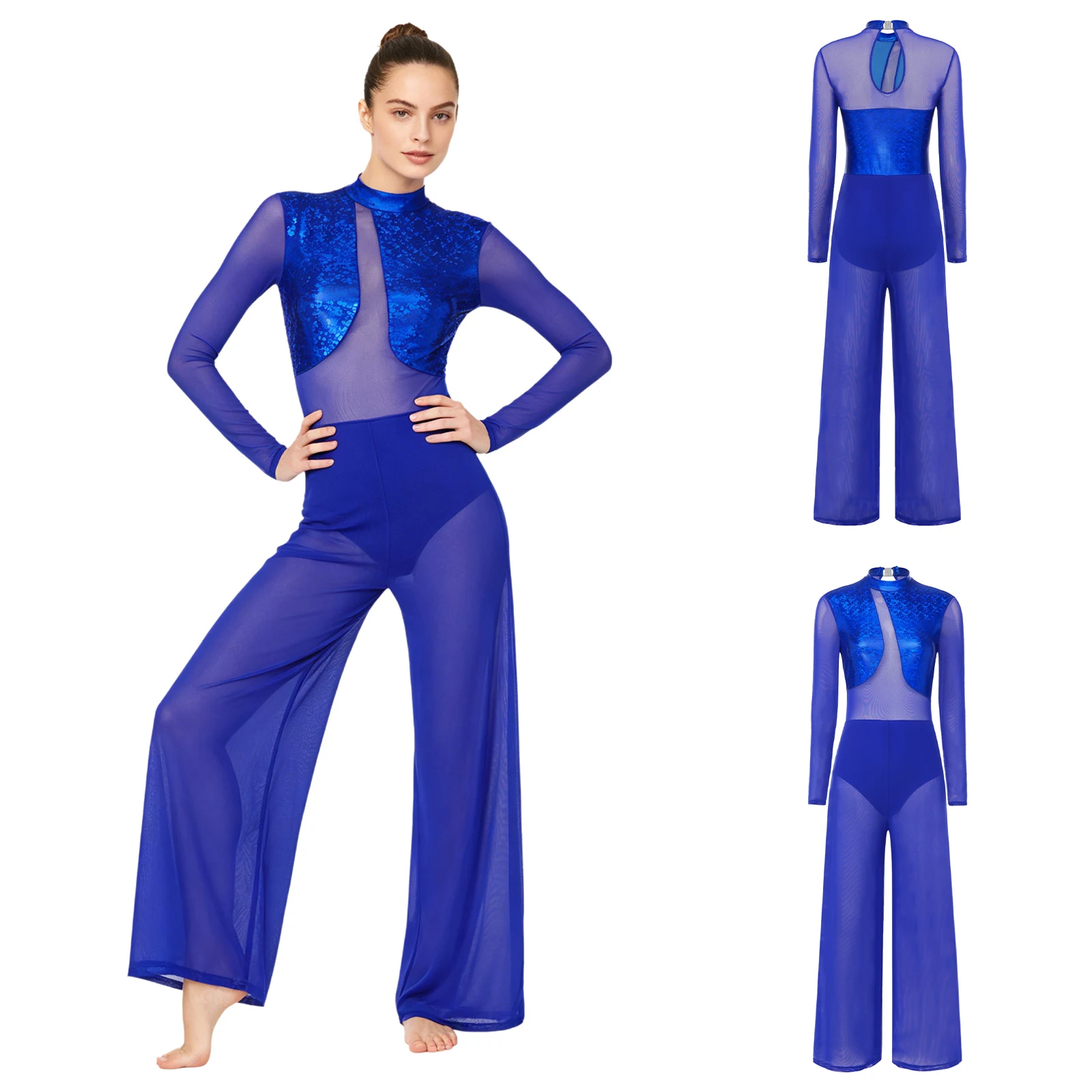 

Women Gymnastics Dance Jumpsuit Metallic Sheer Mesh Long Sleeve Wide Leg Sparkly Stretchy for Stage Performance Competition