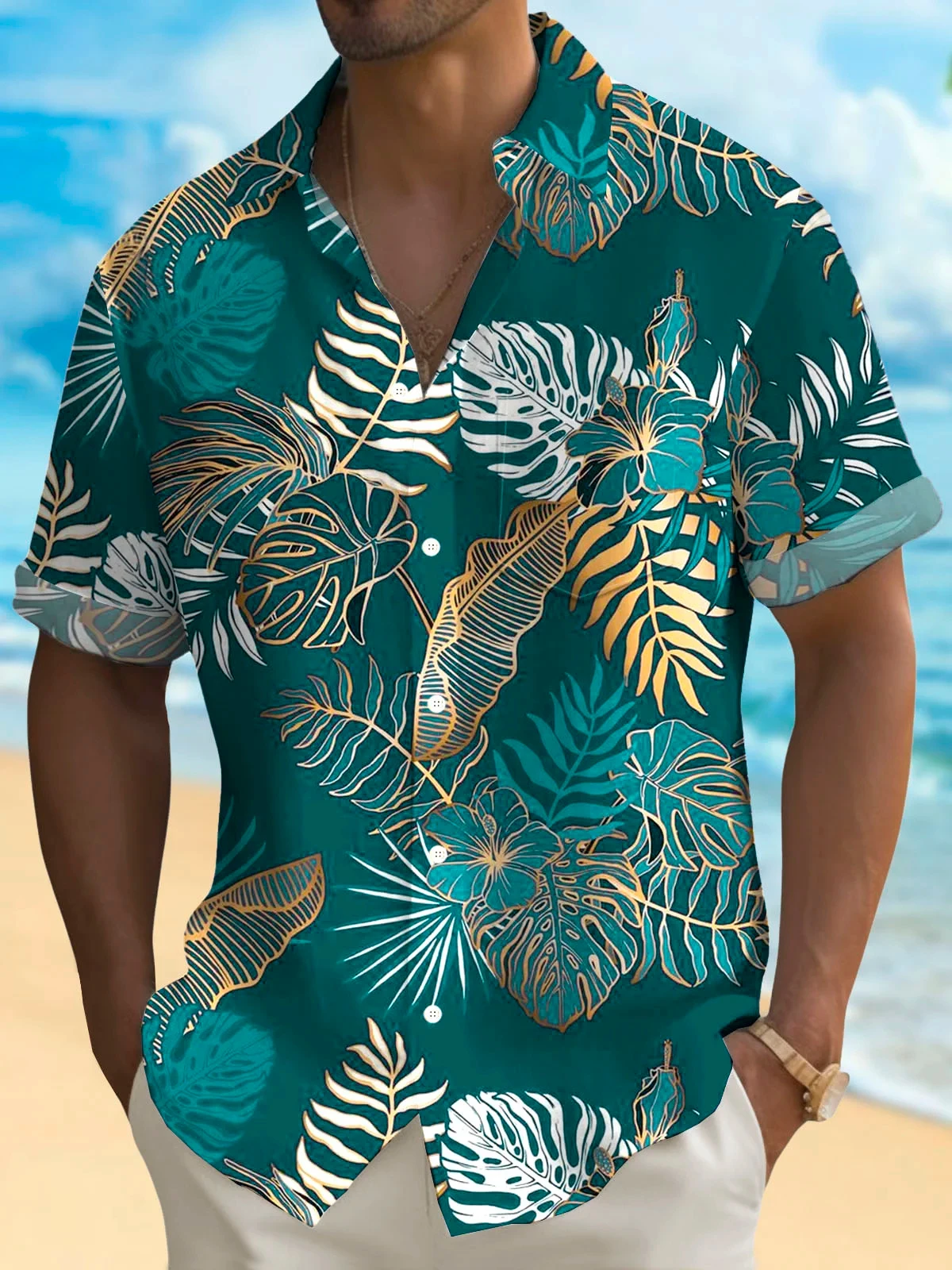 

2024 new men's cartoon 3D printed Hawaiian holiday shirt leaf pattern lapel button street loose short-sleeved shirt summer