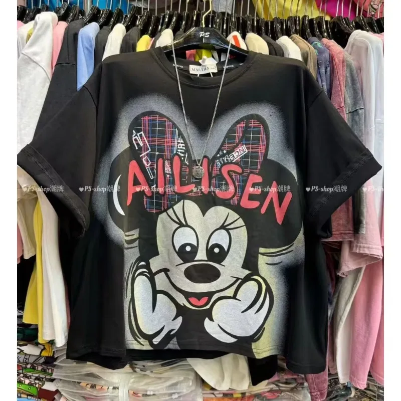 

Oversized T Shirt Summer New Harajuku Loose Cartoon Minnie Print Versatile Short Sleeved Shirts for Women Vintage Women Clothes