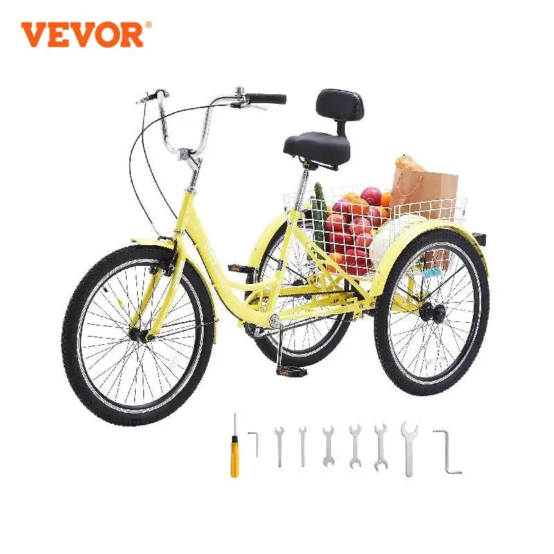 

VEVOR 20/24/26Inch Adult Tricycles Bike Carbon Steel With Basket 1 Speed Adjustable Seat Picnic Shopping For Seniors Women Men