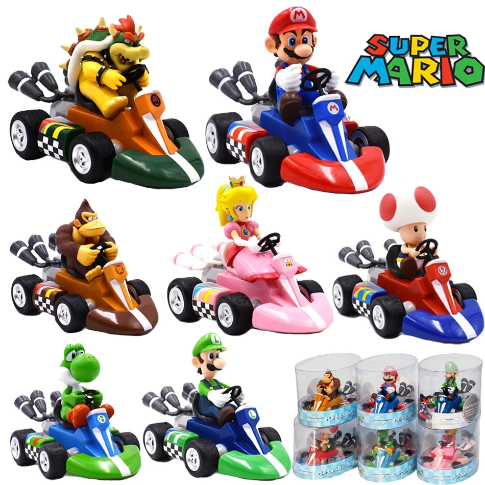 Mario Pull Back Car Anime Cartoon Mario Luigi Yoshi Princess Peach Donkey Kong Toad Bowser Koopa Kart PVC Figure fun Toys Gift