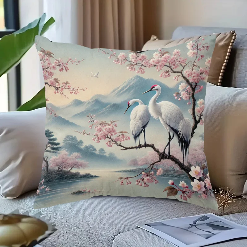 1pc 2D Flat Pillow Not Included Japanese Crane Cherry Blossom Art Cushion Cover Short Plush Zen Living Room Decor Case