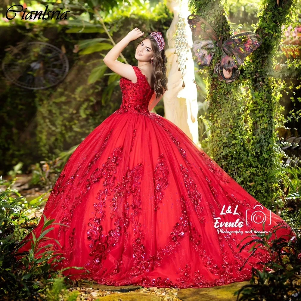 Red Sequined Appliques Lace Ball Gown Quinceanera Dresses Off The Shoulder Corset Vestidos De 15 Años