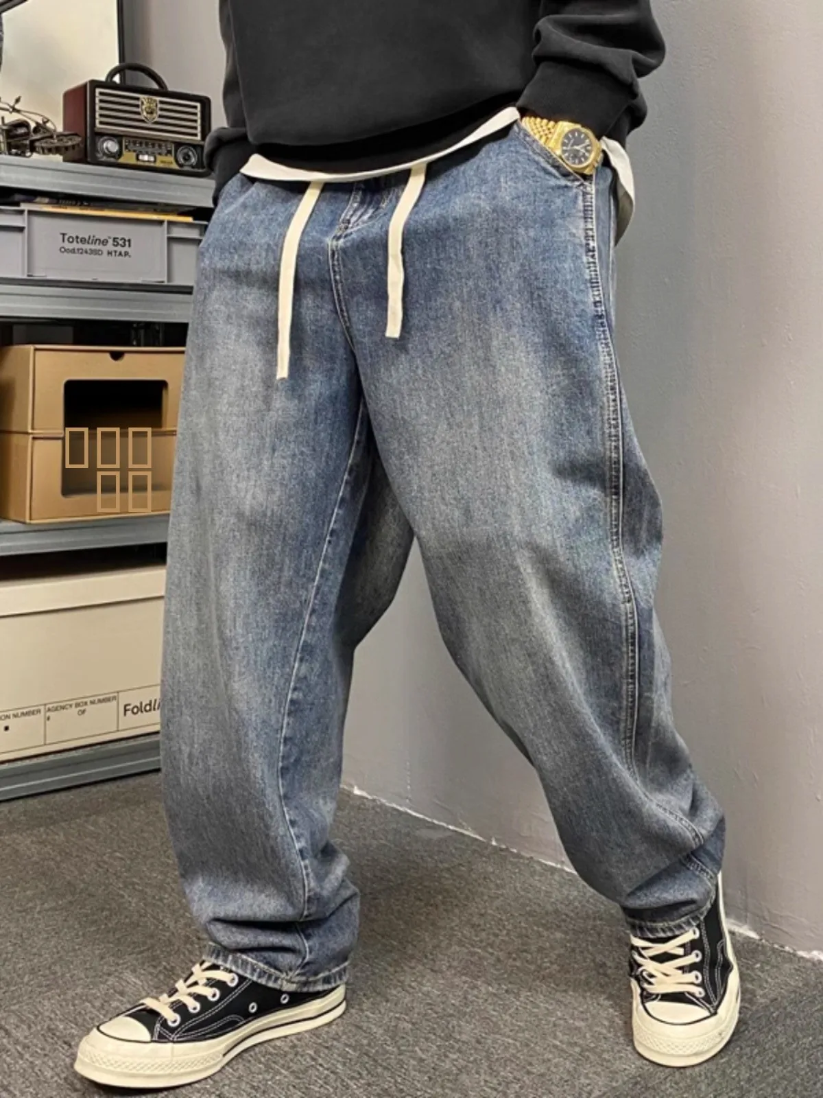 

Thickened Large Size 300 Pounds Autumn Winter American Style Handsome Retro Faded Jeans Men's Straight Loose Wide Leg Pants