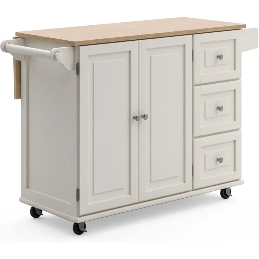 Mobile Kitchen Island Cart with Wood Drop Leaf Breakfast Bar,Soft White, 54 Inch Width