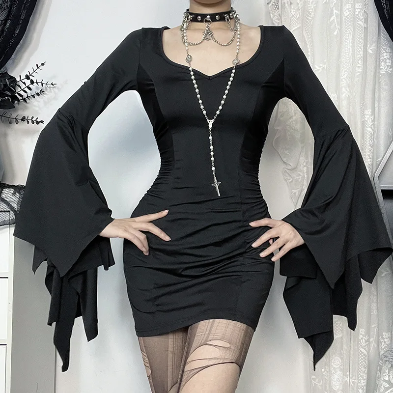 Adult Female Halloween Day of The Dead Cosplay Costume Witch Gothic Style Black Sexy Flared Sleeve Dress Theme Party Outfit - Image 3
