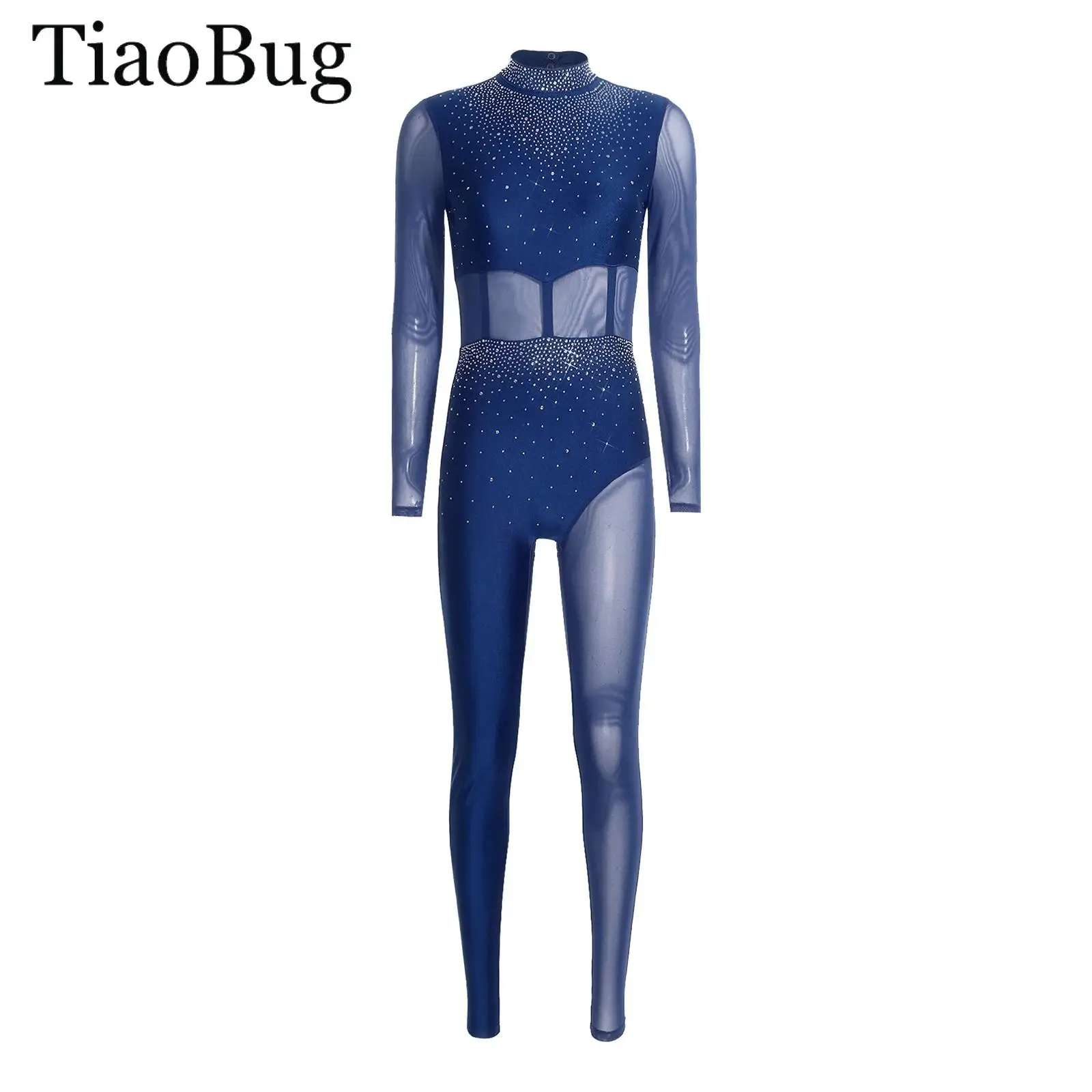 

Women Long Sleeve Figure Skating Full Bodysuit Rhinestone Ballet Dance Gymnastics Leotard Jumpsuit Sheer Mesh Unitard Costumes