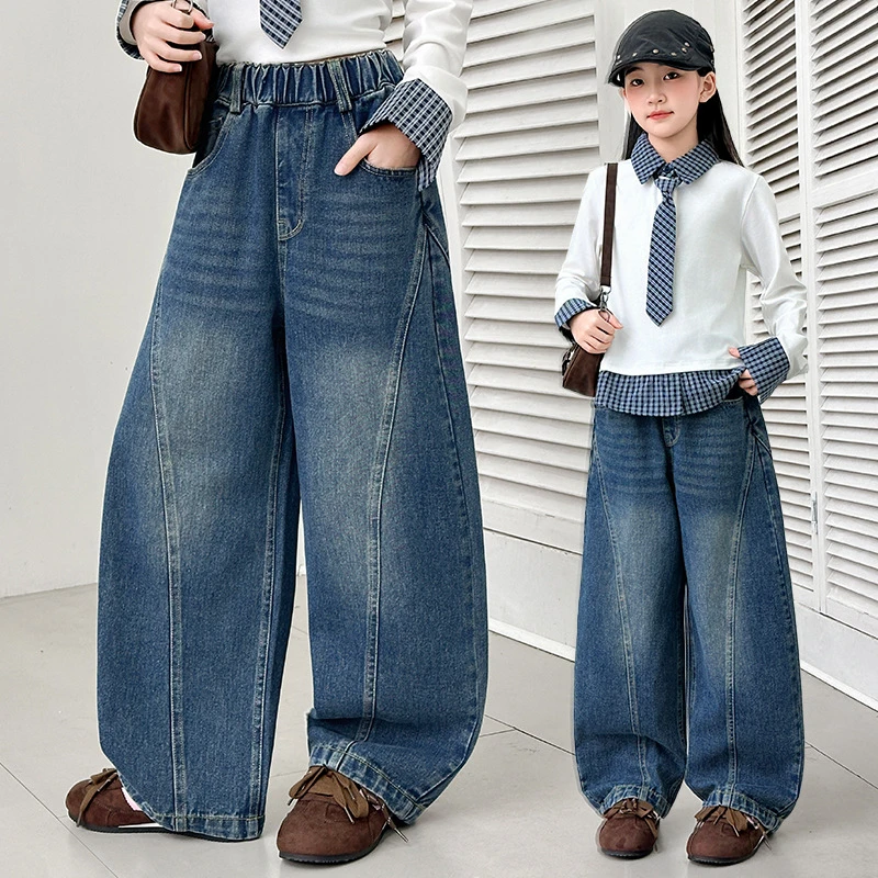 New Autumn Teens Girl Blue Curved Jeans Kids Fashion Wide Leg Denim Pants Child Spring High Waist Trousers with Patchwork Design