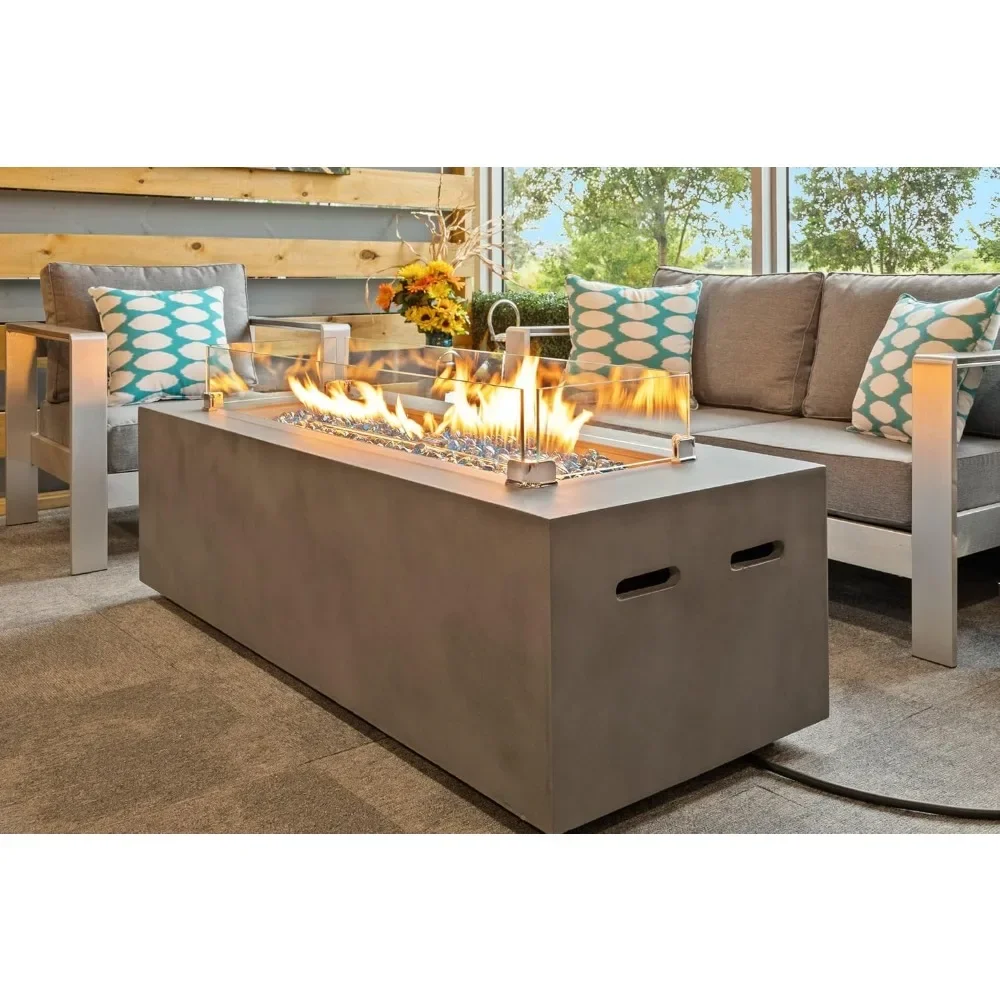 Rectangular Modern Concrete Fire Pit Table W/Glass Guard and Crystals Heat Output