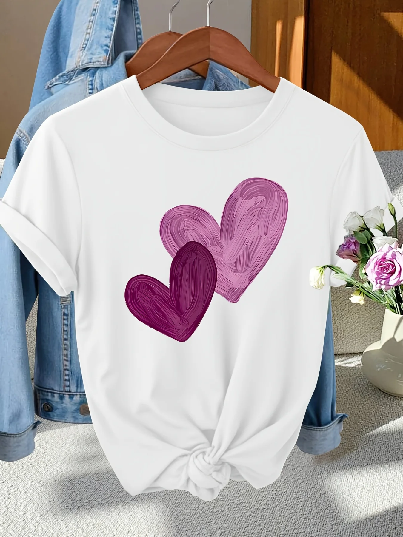 Elegant Wo Pink Purple Artistic Heart Print Crew Neck T-Shirt Fashionable Versatile for Commuting and Vacations Vintage Style