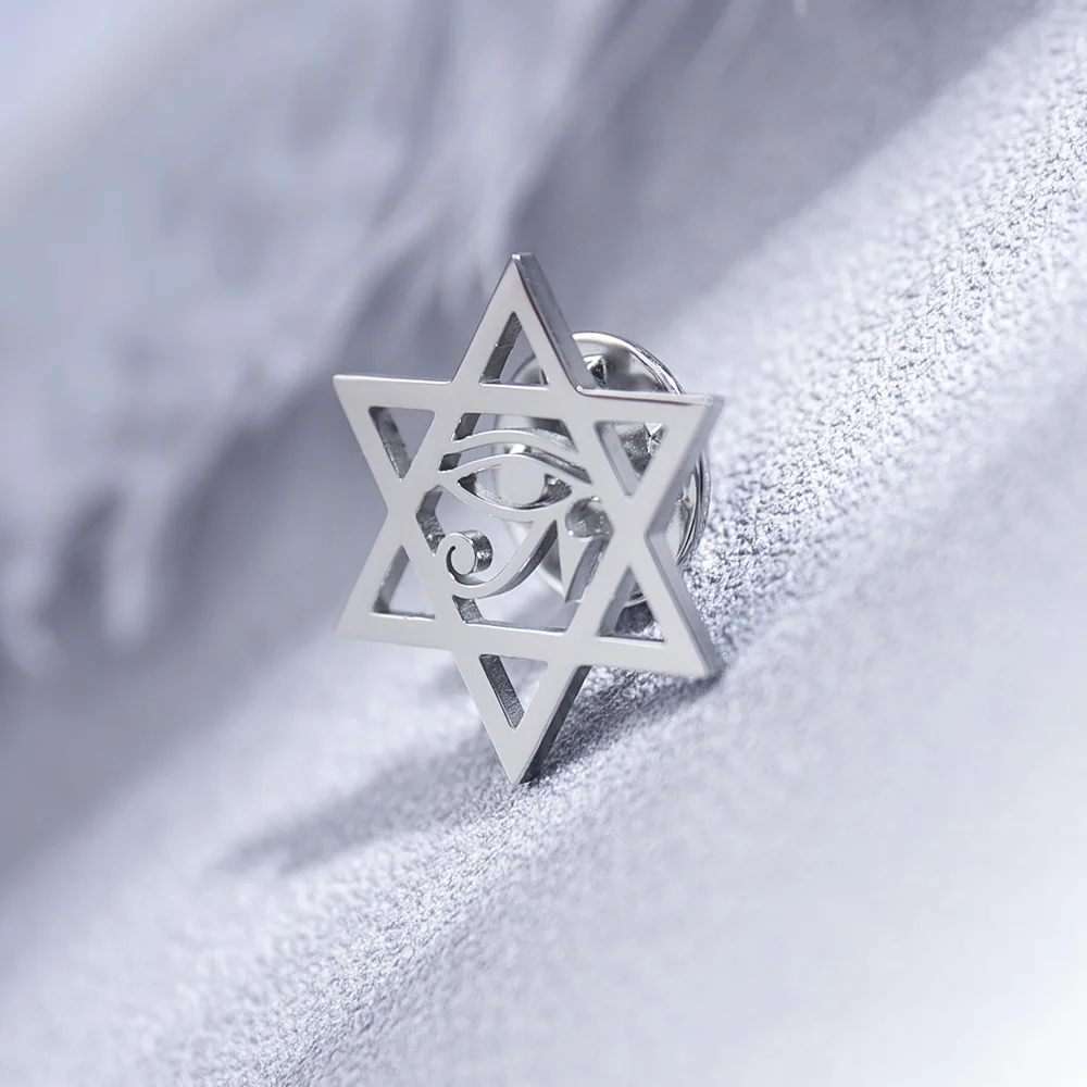 Tangula Jewish Star of David Brooch for Men Stainless Steel Egypt Eye of Ra Amulet Badge Pin Jewelry Groom Wedding Accessories