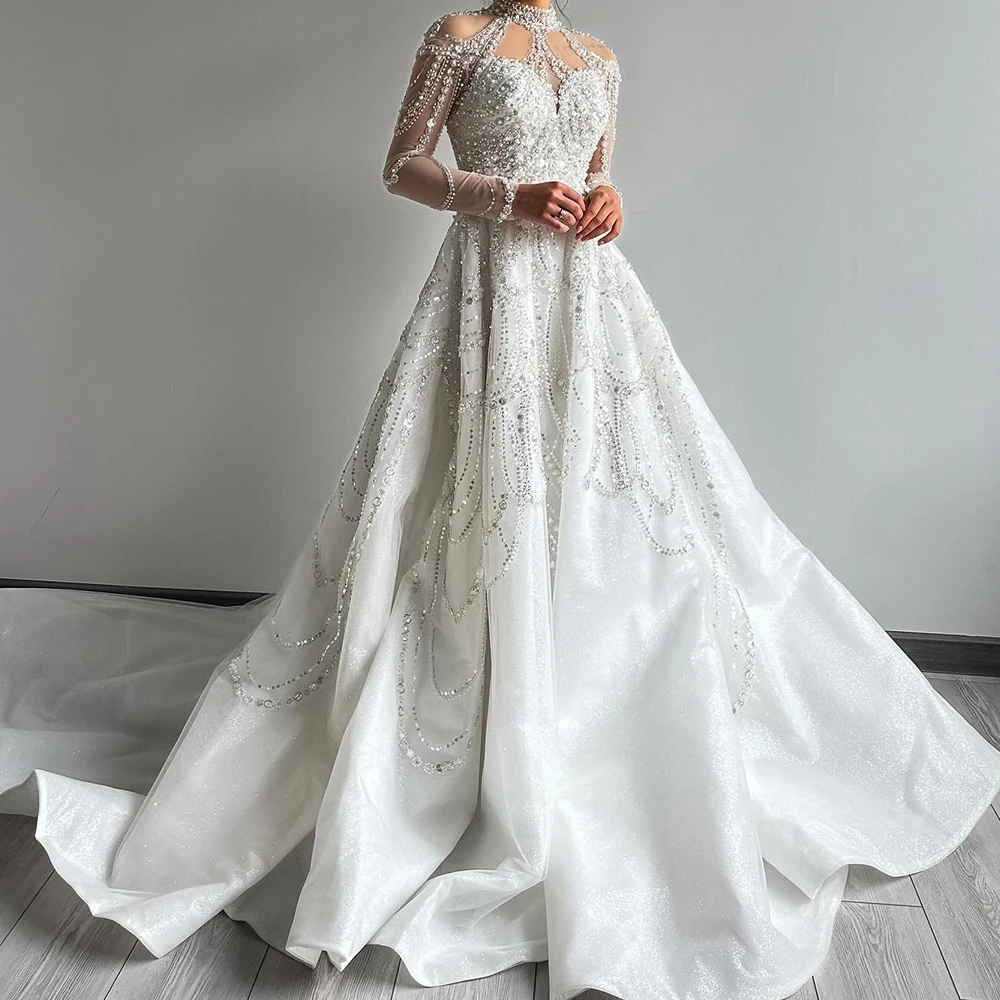 

luxury and Delicate Sequined Pearls Crystal Wedding Dress High Collar Sweep Train Organza Long Sleeves Lace Up Back Floor Length