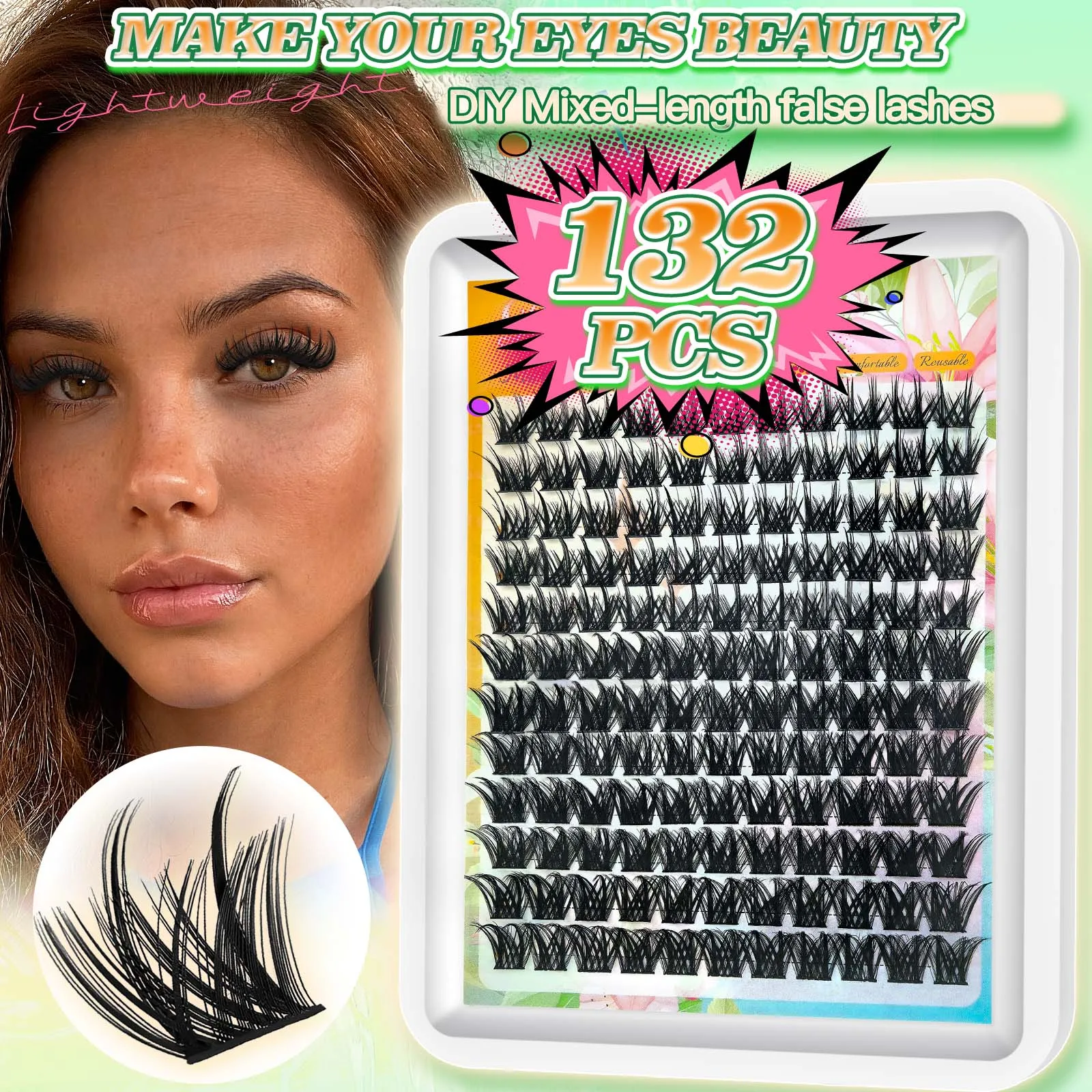 132 Clusters Lash Clusters Kit, DIY Self-Graft Eyelashes, Soft Faux Mink Individual Segmented False Lashes, Comes with Complete