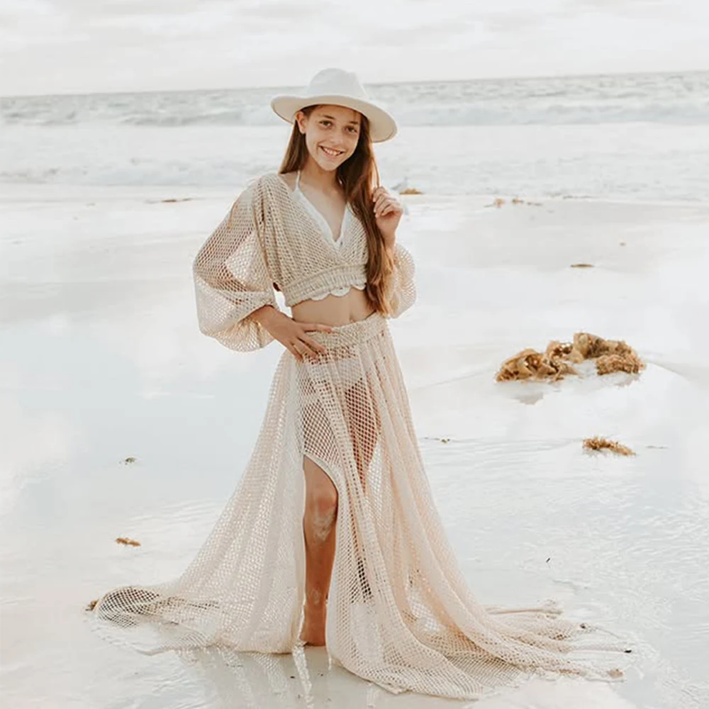 بوهو الأمومة التصوير فستان قطعتين الكروشيه متماسكة ماكسي الحمل ثوب فلوي شاطئ استحمام الطفل الزي الأمومة تبادل لاطلاق النار ارتداء