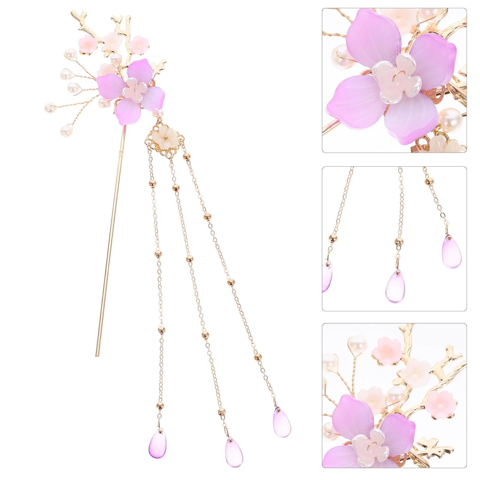 عصا شعر على شكل زهرة شرابة لؤلؤية دبوس شعر صيني عتيق زخرفة شعر هانفو أنيقة للتصوير الفوتوغرافي للحفلات والرقص