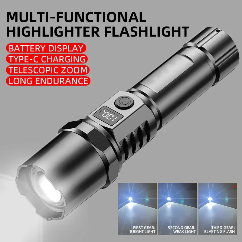 High Power Flashlight Type-C Portable Charging Outdoor High Beam Light with Telescopic Focusing