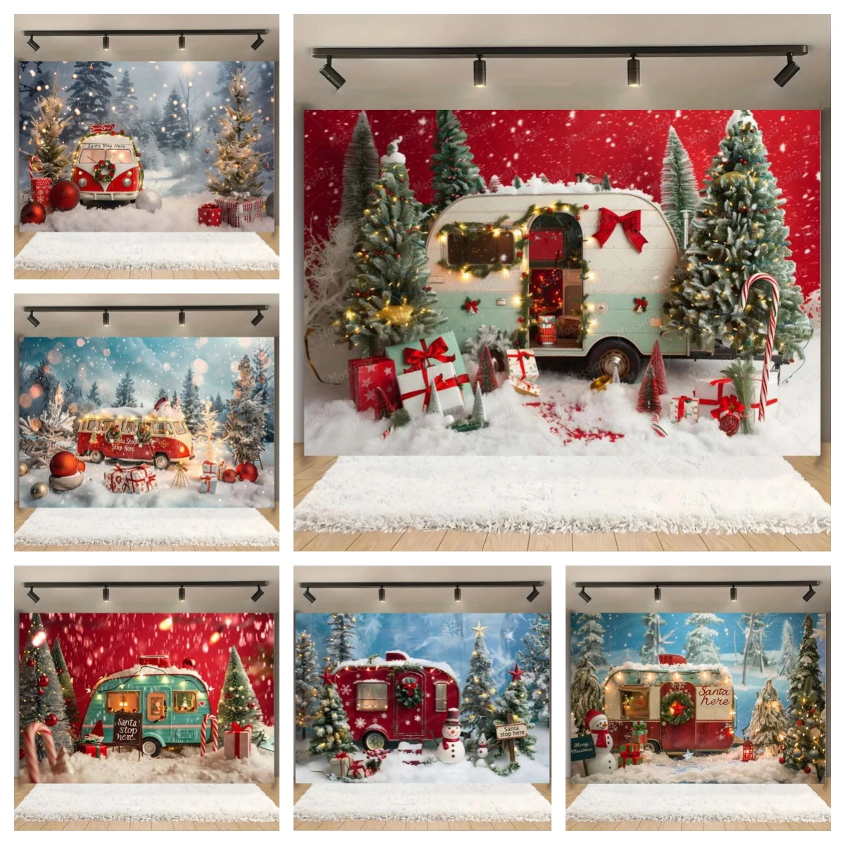 Winterwald-Weihnachts-LKW-Fotografie-Hintergrund, Weihnachtsbaum, Schnee, Zuckerstange, Geschenke, Kinderporträt, Familienfeier, Fotohintergrund