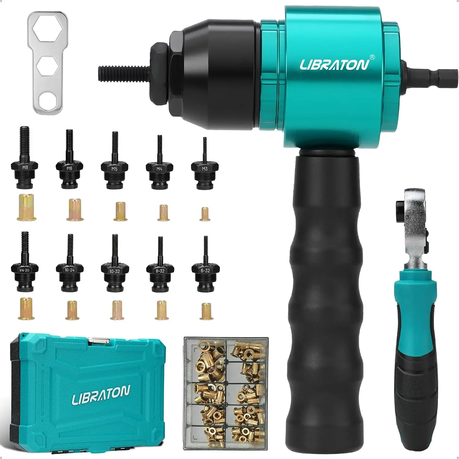 LIBRATON Rivet Nut Drill Adapter & Ratchet Wrench Tool Kit Contains 100 Rivet Nuts and 10 mandrels For DIY & Auto Repair