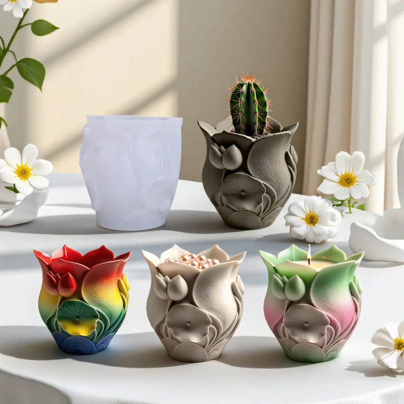 

4pcs Elegant Lotus Flower Mold - DIY Silicone Mold for Resin Vase, Candle Cup & Gypsum Craft
