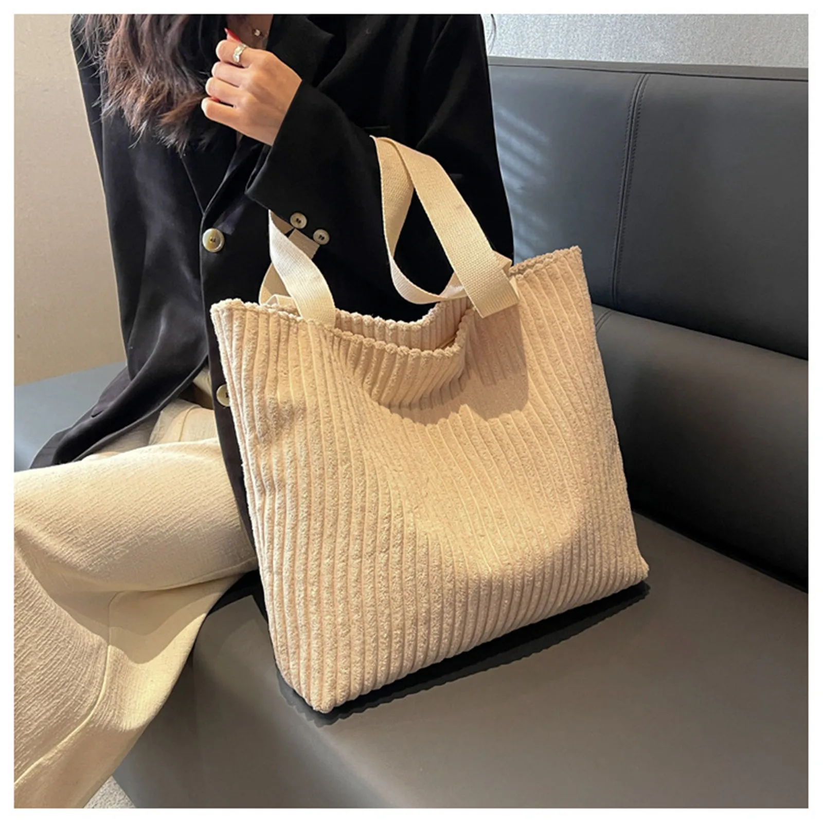 Soft Corduroy Handbags for Women Winter Shoulder Bag Vintage Casual Large Capacity Shopping Bags Ladies Commuter Zipper Totes