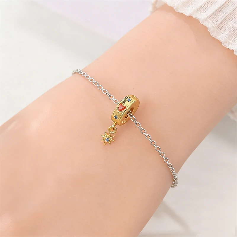 

2026 Popular 925 Sterling Silver Golden Star Charms Beads Fashion Fit Original Bracelet DIY For Women Birthday Jewelry Gifts