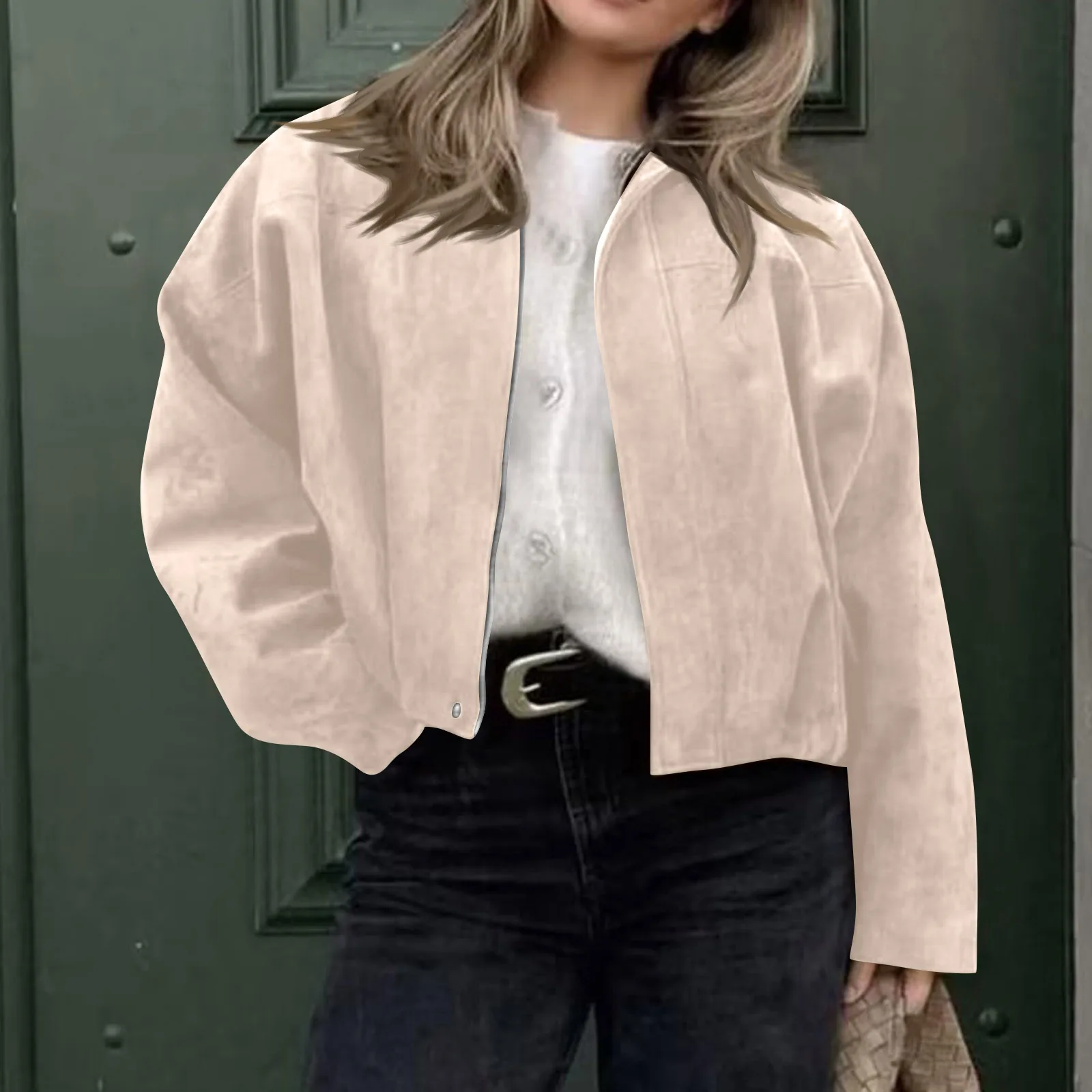 Nuovo 2025 Giacca bomber strutturata in pelle scamosciata da donna Manica lunga Colletto con risvolto Cappotti larghi Casual Vintage Capispalla femminile Chic Top