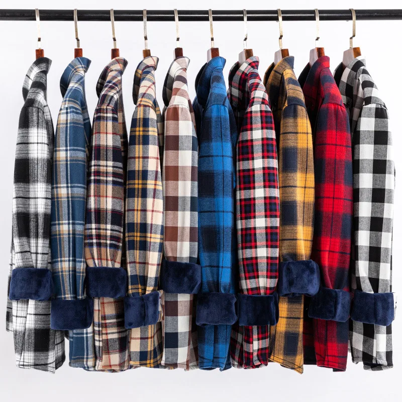 plus Size Men's Pure Cotton Plaid Shirt Ultra-Thick Super Soft Fleece Lined Brushed Business Casual Slim Fit Shirt Warmth Shirt